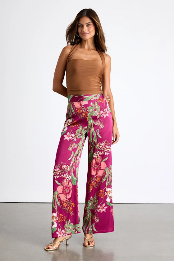 Thriving Vibes Fuchsia Floral Print Satin Wide-Leg Pants | Lulus