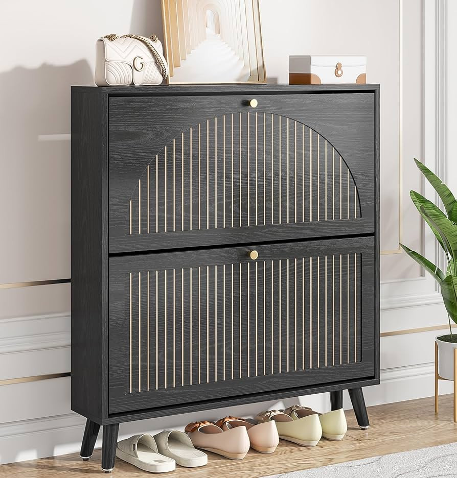 Fsbecl Shoe Storage Cabinet for Entryway with 2 Flip Drawers, Narrow Wood Shoe Cabinet with Flute... | Amazon (US)