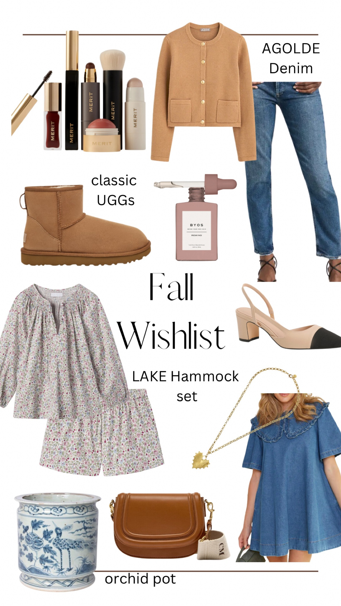 Fall Wishlist - UGG classic minis, merit beauty, agolde denim, skin serum, LAKE hammock set, cap toe pumps, HART necklace, denim dress, monogram strap shoulder bag

#LTKGiftGuide #LTKSeasonal #LTKbeauty