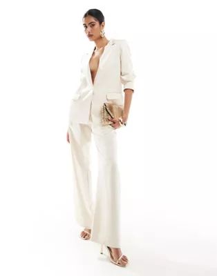 Pretty Lavish Hen satin longline blazer and trouser suit co-ord in ivory | ASOS (Global)