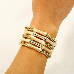 Gold Tube Bangle Bracelets for Women Stackable Bamboo Chunky Acrylic Beads Stretch Friendship Sum... | Amazon (US)
