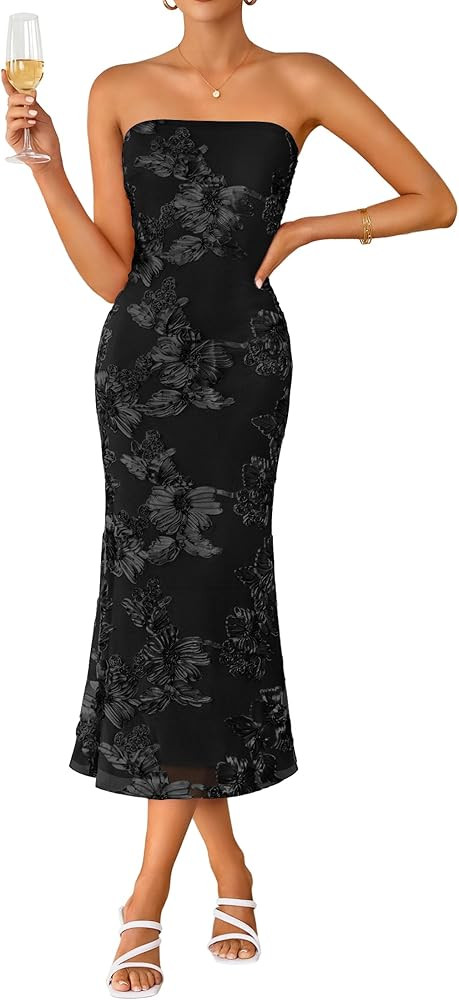 ZESICA Women's Summer Strapless Floral Midi Dress 2026 Bodycon Mesh Tube Wedding Guest Cocktail P... | Amazon (US)
