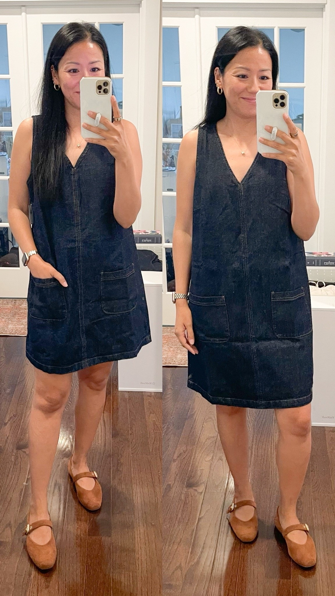 Left- small
Right- small tall
Flats are true to size 

I need the XS 
old Navy denim v-neck dress

#LTKSaleAlert #LTKOver40 #LTKSeasonal