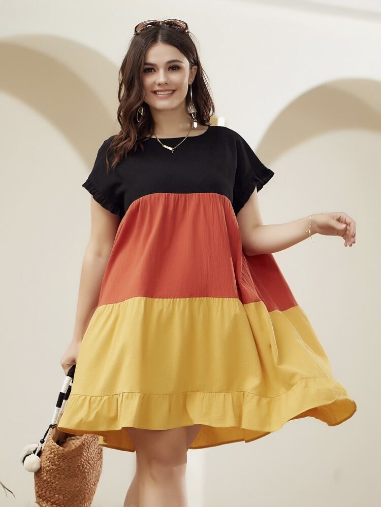 Plus Cut And Sew Ruffle Hem Smock Dress | SHEIN