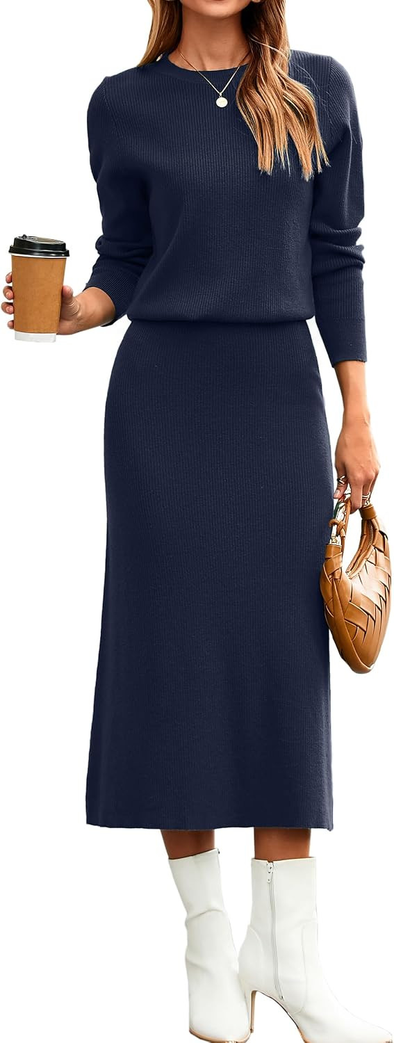 Glamaker Womens 2 Piece Skirt Sets Fall Long Sleeve Sweater Dress Casual Knit Midi Dress Travel Outfits Winter Clothes | Amazon (US)