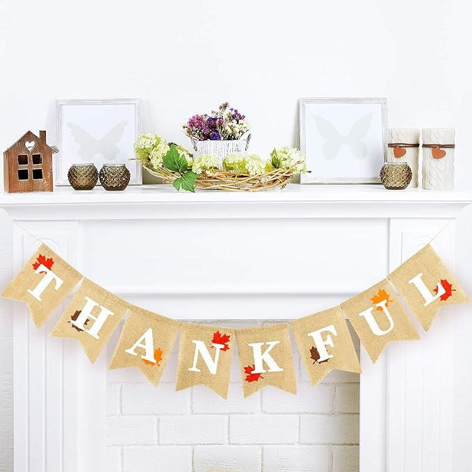 Whaline Fall Banner Thankful Maple Leaves Burlap Banner Autumn Harvest Home Decor Bunting Flag Ga... | Amazon (US)