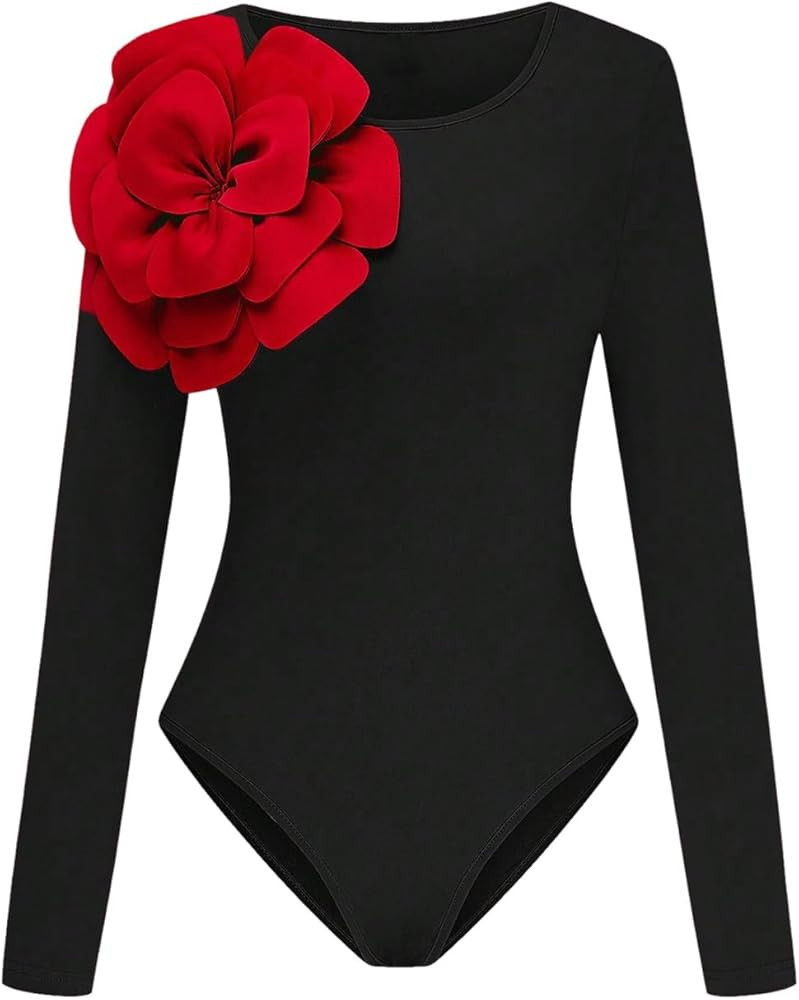 OYOANGLE Women's 3D Floral Long Sleeve Bodysuit Crew Neck Slimming Going Out Body Suits | Amazon (US)