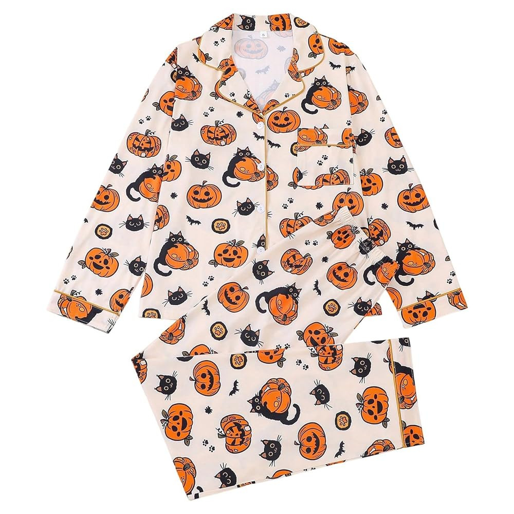 Halloween Pajamas for Women Set 2 Piece Button Up Ghost Pumpkin Print Shirt and Pants Pjs Sets Fa... | Amazon (US)