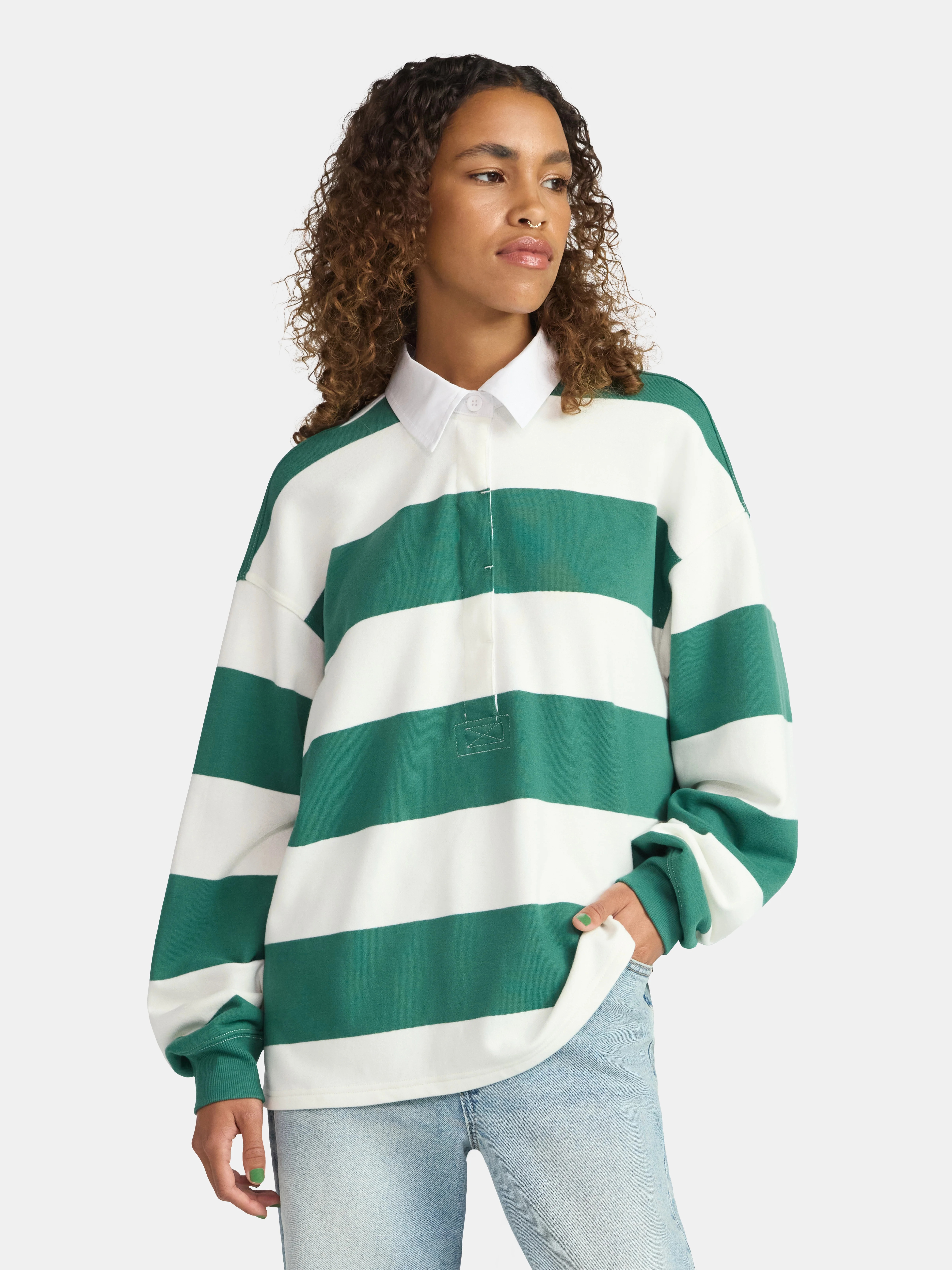 No Boundaries French Terry Rugby Polo Top with Long Sleeves, Women's | Walmart (US)