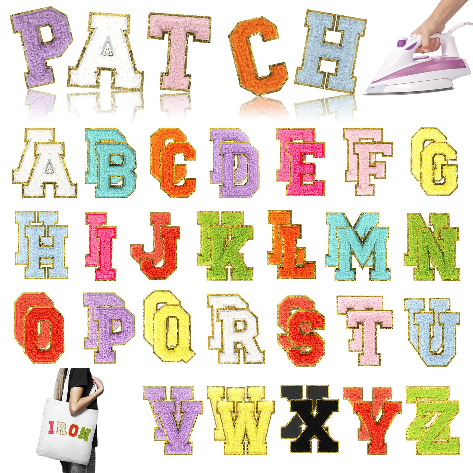 52 Pcs Iron On Letter Patches Colorful Chenille Embroidered Patches with Gold Glitter Border Sew ... | Amazon (US)