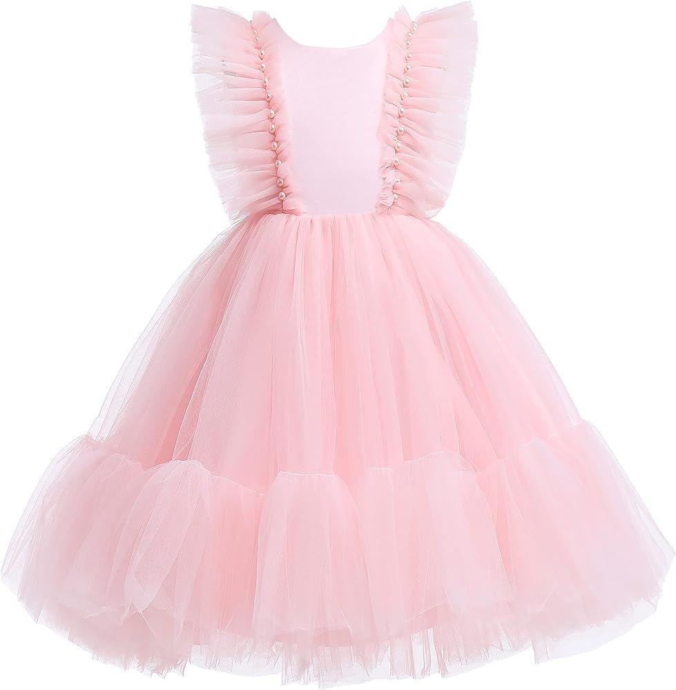 Weileenice Flower Girl Dress Ruffle Tulle Beads Toddler Wedding Pageant Ceremony Birthday Party E... | Amazon (US)