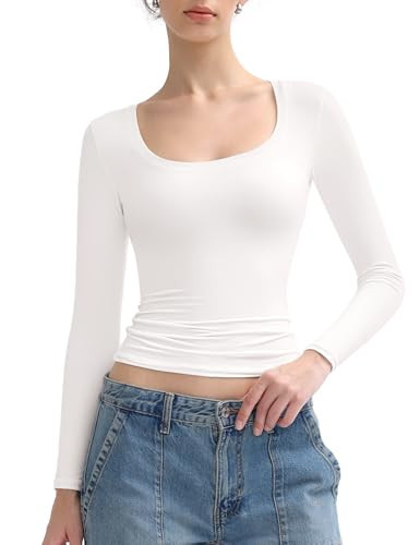 PUMIEY White Long Sleeve Shirts for Women Scoop Neck Slim Fit Tops Double Lined Basic Tee, Splashed White XXX-Large | Amazon (US)