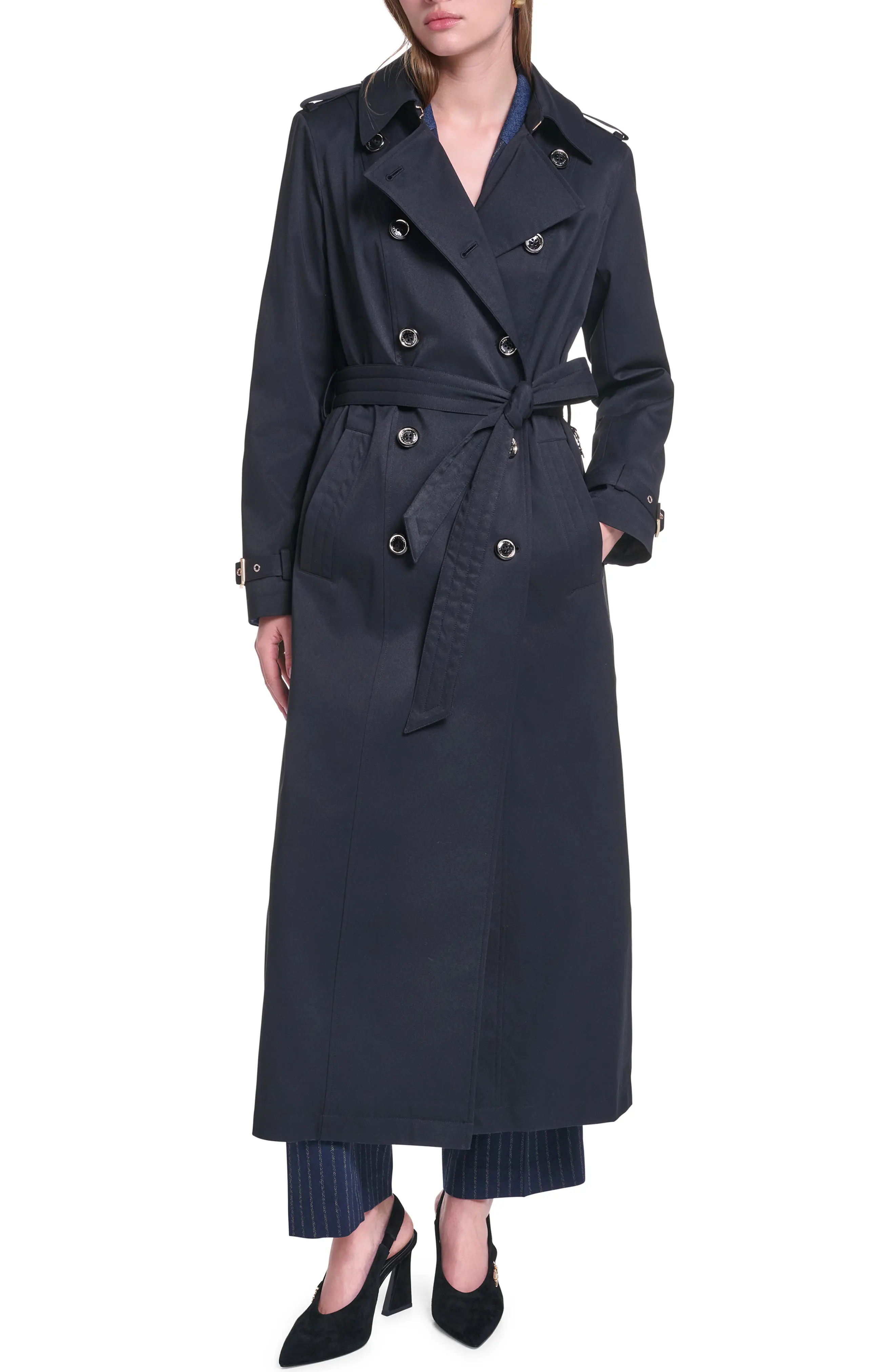 KARL LAGERFELD PARIS Belted Trench Coat in Black at Nordstrom, Size X-Large | Nordstrom