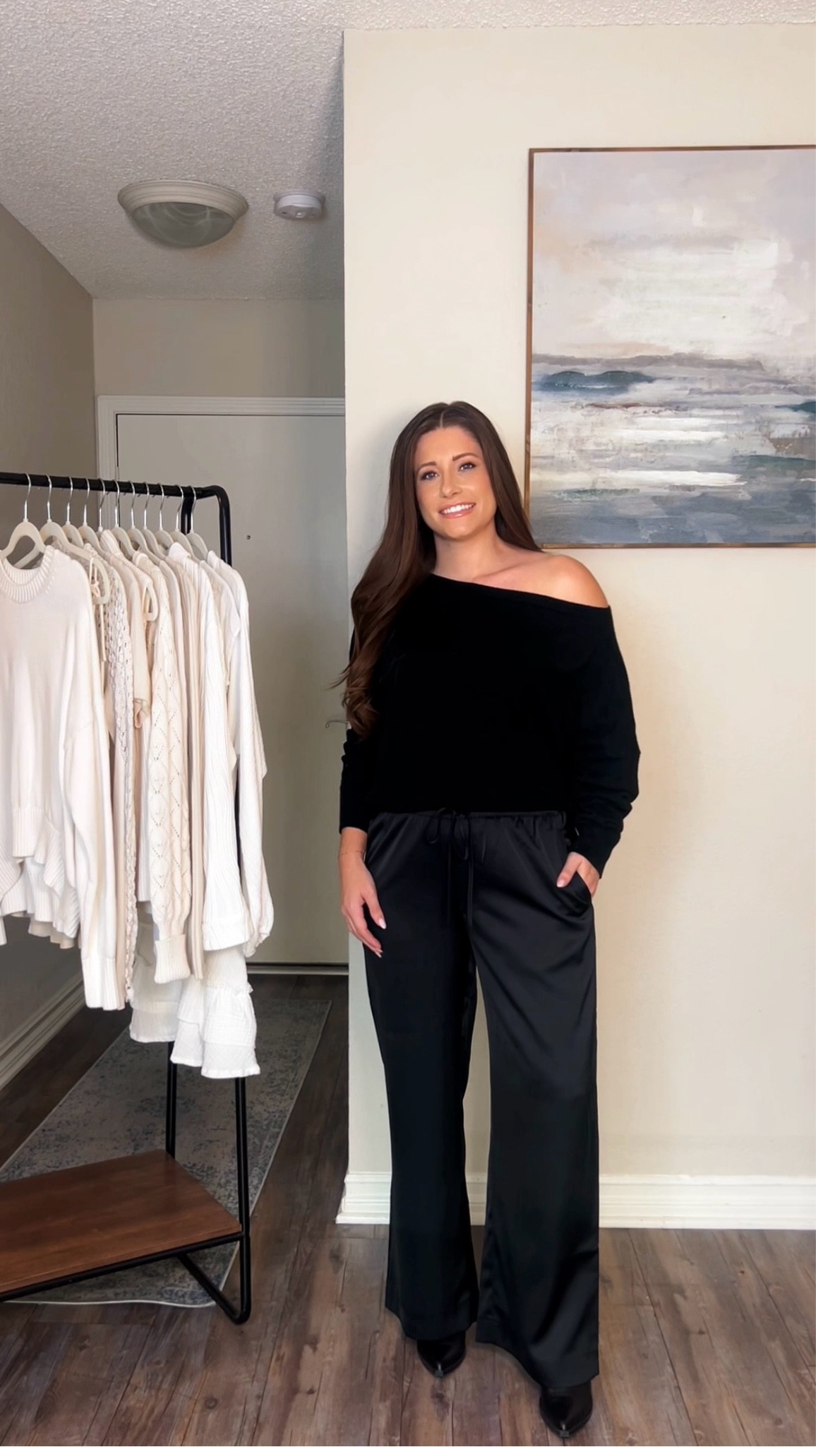 Easy chic Outfit 🖤 satin pull on pants wearing size Small | size Small off the shoulder sweater 

#LTKFindsUnder100 #LTKSeasonal #LTKStyleTip