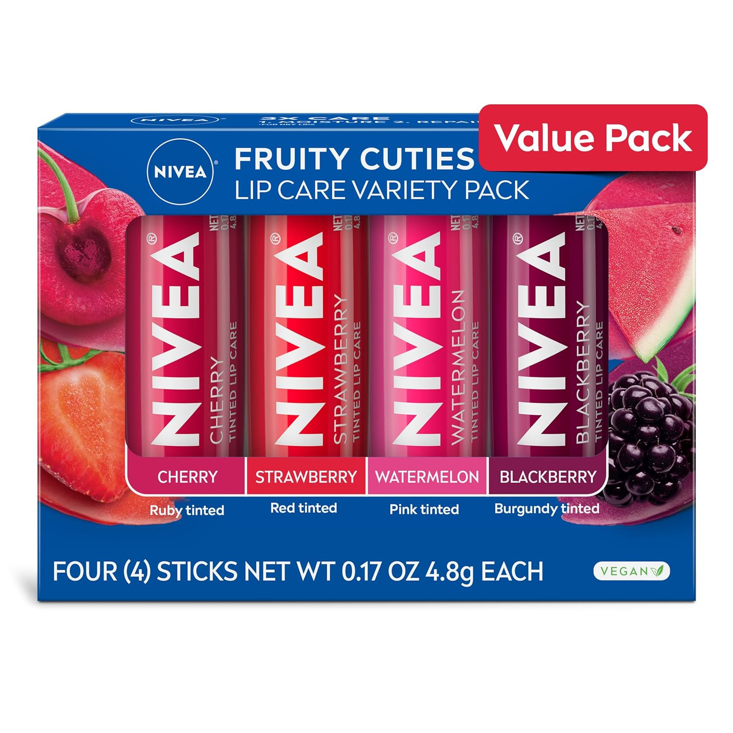 NIVEA Lip Care, Fruit Lip Balm Variety Pack, Tinted Lip Balm, 0.17 Oz, 4 count (Pack of 1) | Amazon (US)