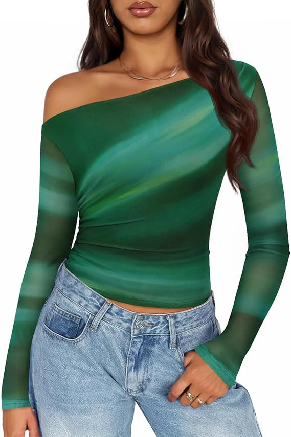 ZESICA Women's Floral Off Shoulder Long Sleeve Tops 2026 Spring Mesh Ruched Fitted Trendy Going O... | Amazon (US)