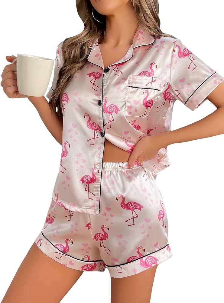 WDIRARA Women's Satin Heart Print Short Sleeve Button Down Flamingo Pajamas Shorts Set | Amazon (US)