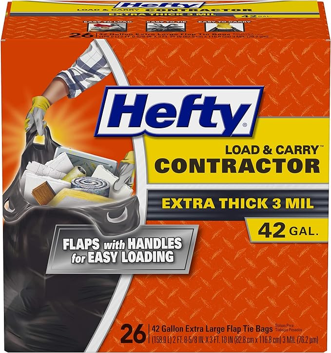 Hefty Load & Carry Heavy Duty Contractor Large Trash Bags, 42 Gallon, 26 Count | Amazon (US)