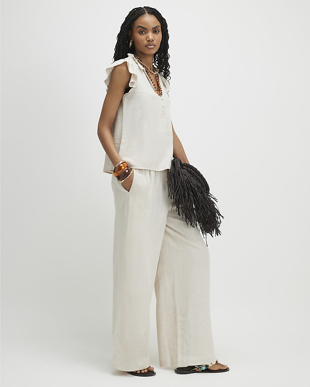 Beige Linen Blend Wide Leg Trousers | River Island UK & IE