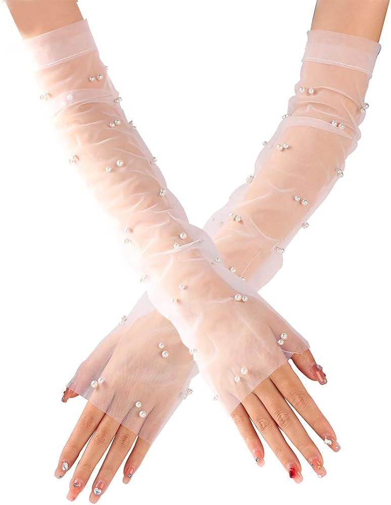 CASDRE Long Wedding Tulle Gloves White Pearl Bridal Gloves Elbow Length Summer Fingerless Gloves ... | Amazon (US)
