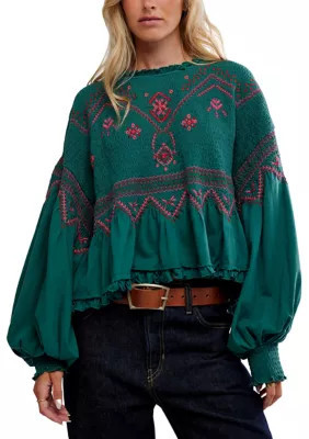 Free People Women's Holly Long Sleeve Knit Top, Green, Large | Belk