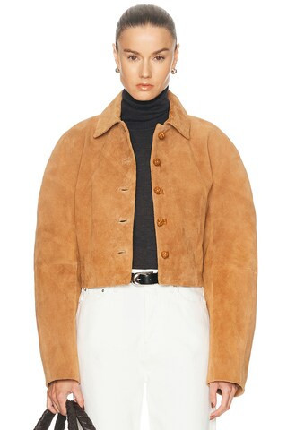 Rohe Rounded Textured Suede Jacket in Cognac - Brown. Size 40 (also in 34, 38). | FWRD 