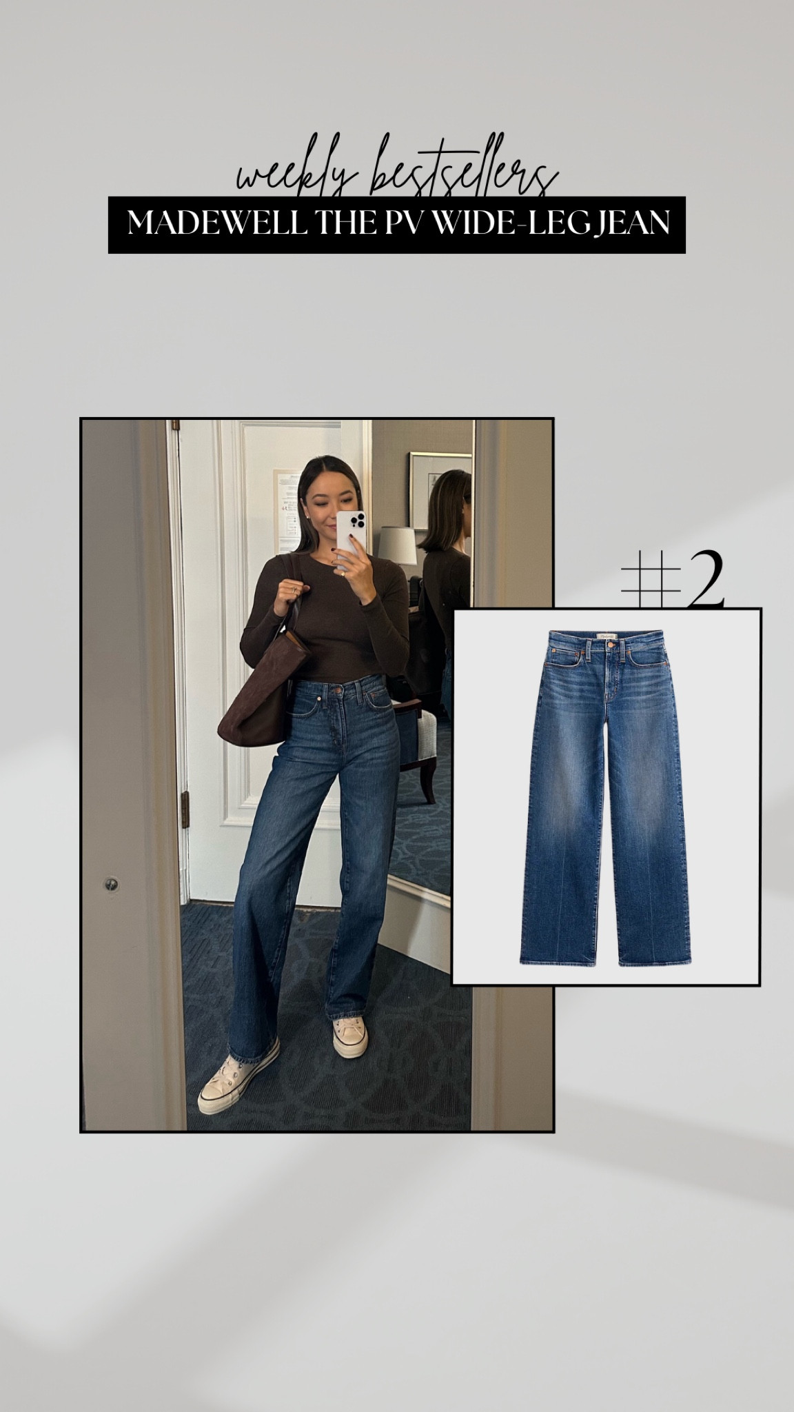 #2 bestseller this week: Madewell PV wide leg jeans in lavaca wash 

• I’m wearing the same style, but in an almost identical wash from last year - linked the newest style as ‘exact’ 
• great dark blue wash wide leg jeans for the fall 

Chocolate brown / converse / suede tote / classic style 

#LTKStyleTip #LTKSeasonal