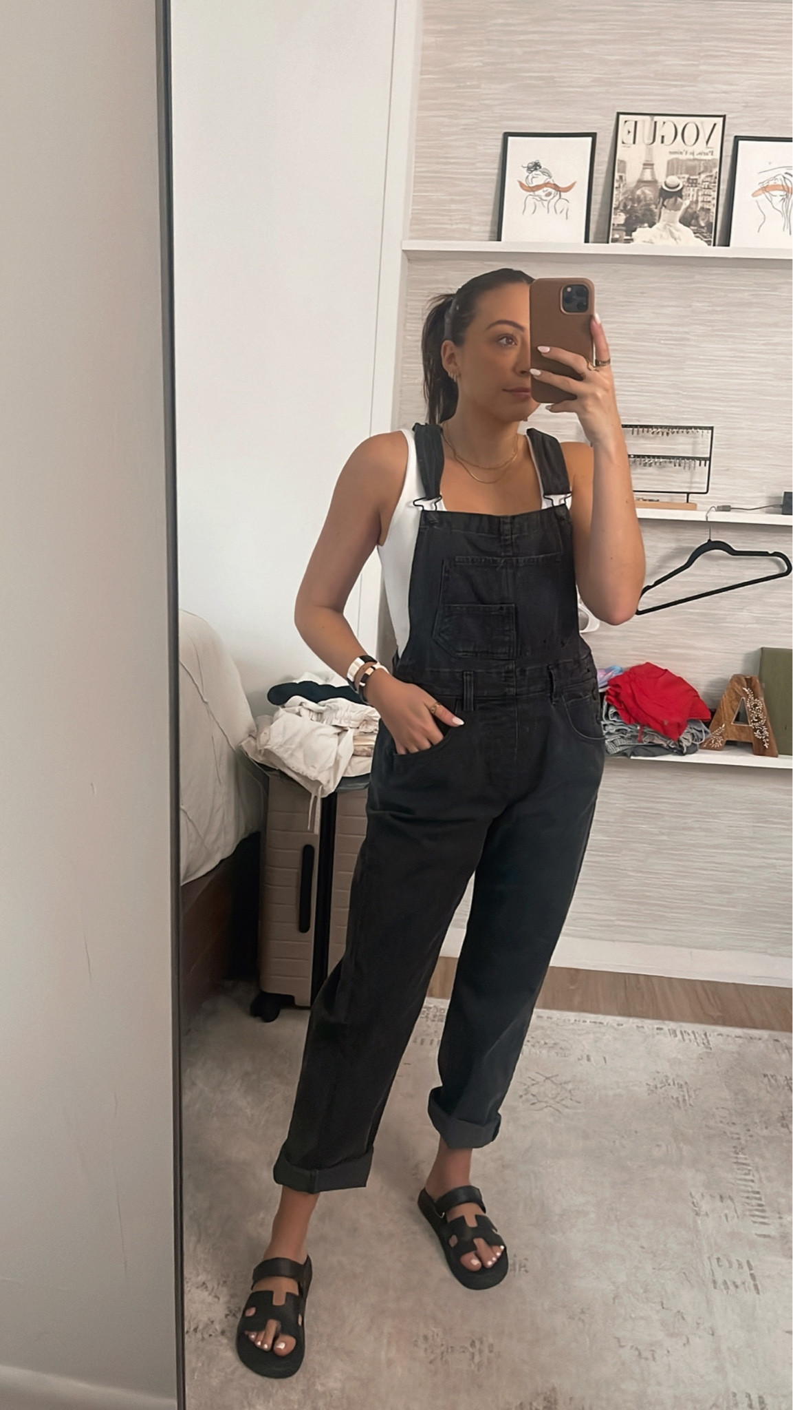 Black denim overalls 
Hermes sandal dupes 