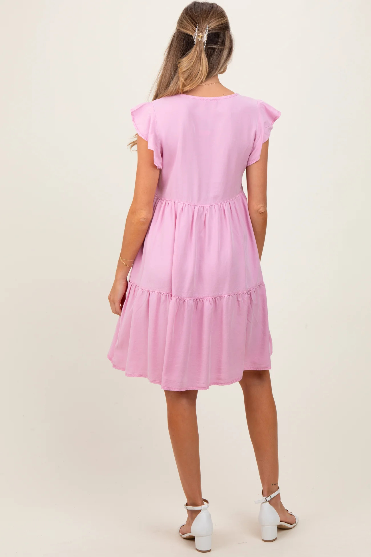 Light Pink Flutter Sleeve Tiered Maternity Dress | PinkBlush Maternity