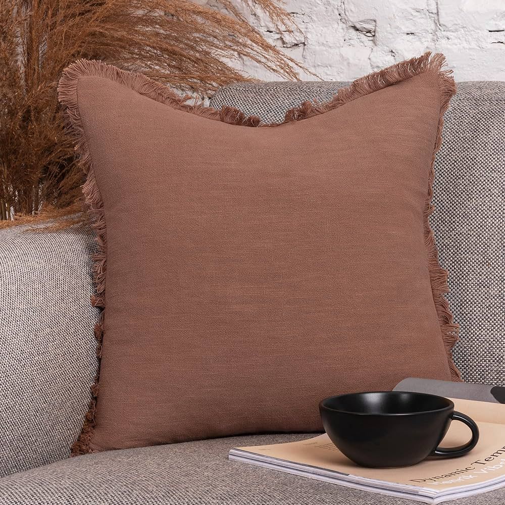 INSPIRED IVORY Linen Pillow Cover 20x20 Inch - Rustic Decorative Cinnamon Brown Throw Pillow Cove... | Amazon (US)