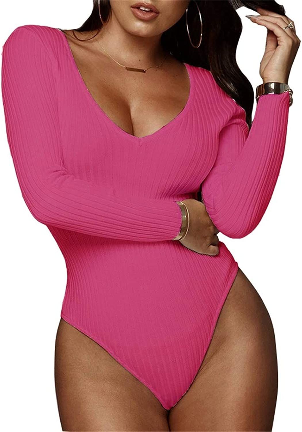 GEMBERA Women's Deep V Neck Long Sleeve Bodysuit Ribbed Knit Bodycon Basic Bodysuit Tops | Amazon (US)