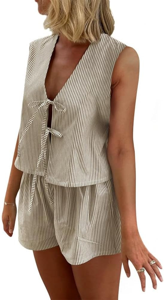 Women Casual Summer Lounge Set Y2k 2 Piece Outfits Set Sleeveless Tie Front Tank Top Vest Boxer S... | Amazon (US)