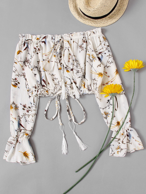 Bardot Tie Detail Split Front Crop Top | SHEIN