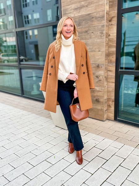 Wearing an XSP in coat, XS in sweater, 26S in jeans | winter outfit, casual winter outfit, black jeans, straight jeans, petite jeans, petite coat, wool coat, camel coat, brown boots, cream sweater, turtleneck 

#LTKstyletip #LTKSeasonal