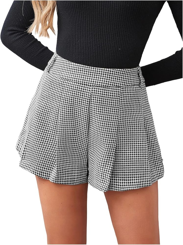 MakeMeChic Women's Houndstooth Plaid Shorts Pleated High Waisted Business Casual Skorts | Amazon (US)
