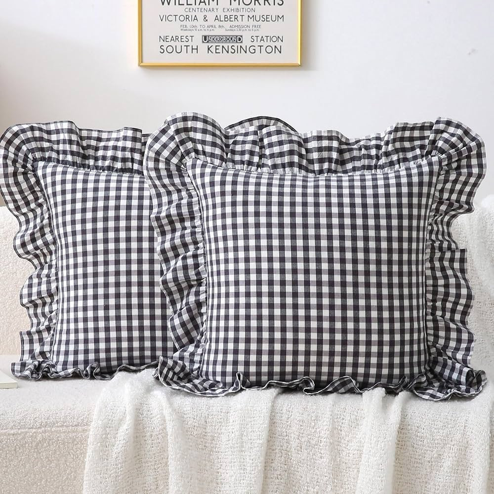 2 Pack 22 x22 inches Black/White Checkered Throw Pillow Covers 100% Washed Cotton Vintage Ruffle ... | Amazon (US)