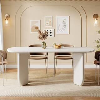 Roesler Modern White Wood 62.99"" in. Double Pedestal Dining Table Seats 6, Kitchen Table Dinner Table with Rounded Edges | The Home Depot