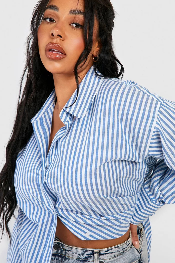 Blue Plus Oversized Linen Stripe Shirt | Boohoo.com (UK & IE)