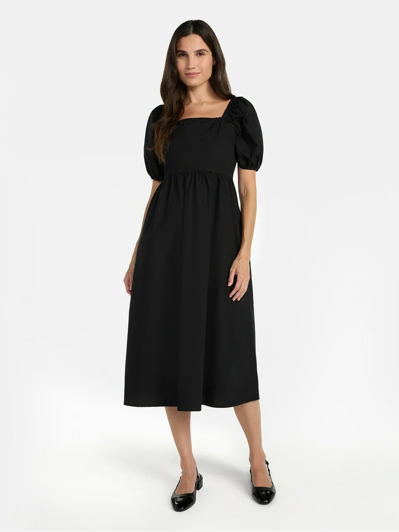 Time and Tru Women's and Women's Plus Cotton Back Tie Midi Dress with Short Puff Sleeves, Sizes X... | Walmart (US)