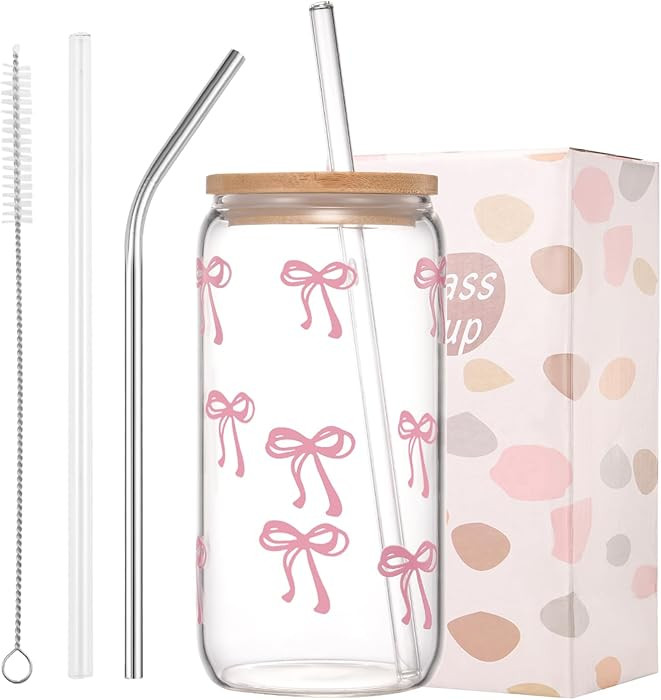 Coquette Cute Pink Bow Glass Cups with Lids and Straws, Aesthetic Iced Coffee Cup, Girly Preppy D... | Amazon (US)