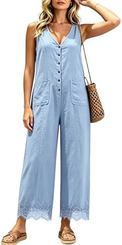 AMEBELLE Women Button Down Jumpsuits Sleeveless Overalls V Neck Wide Leg Flowy Rompers with Pocke... | Amazon (US)