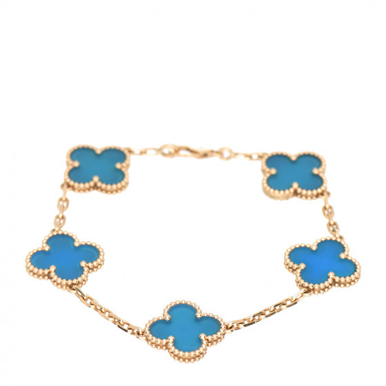 VAN CLEEF & ARPELS 18K Yellow Gold Blue Agate 5 Motifs Vintage Alhambra Bracelet | Fashionphile