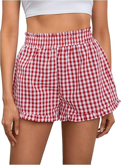 MakeMeChic Women's Gingham Ruffle Lounge Shorts Elastic High Waist Pajamas Boxer Shorts | Amazon (US)