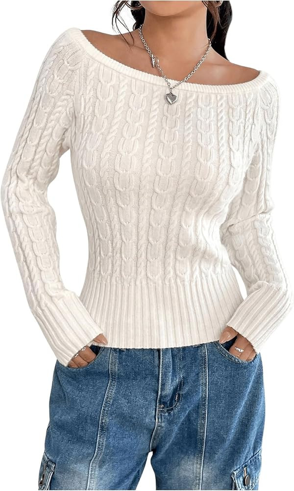 GORGLITTER Women's Off The Shoulder Cable Knit Sweater Long Sleeve Knitted Sweater Pullover Tops | Amazon (US)