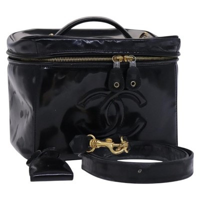 CHANEL Vanity Pouch Patent leather 2way Black Gold CC Auth MY059 | eBay US