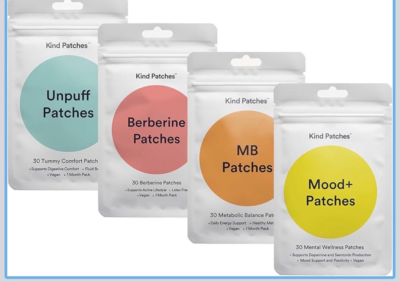 Kind Patches Unpuff, Berberine, MB, and Mood Plus Patches Bundle - Vegan, Latex Free - 4 Pack, 120 Patches