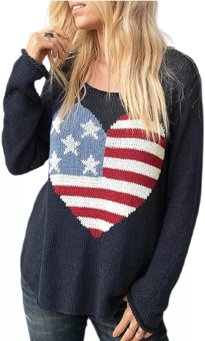 Women American Flag Summer Knit Sweater 4th of July Gift Long Sleeve Loose Outfits Vintage Hollow... | Amazon (US)