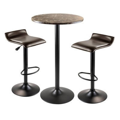 Cora Round Bar Height Dining Set with 2 Swivel Stools Wood/Black - Winsome: Faux Marble, Adjustable Chairs | Target