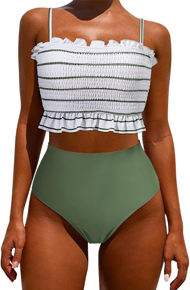 OMKAGI Women's Bandeau Bikini Sets Cute Shirred Swimsuit High Waisted Bathing Suit | Amazon (US)
