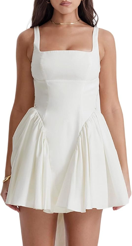 Women Summer Spaghetti Strap Going Out Mini Dress Square Neck Sleeveless Backless Swing Party Clu... | Amazon (US)